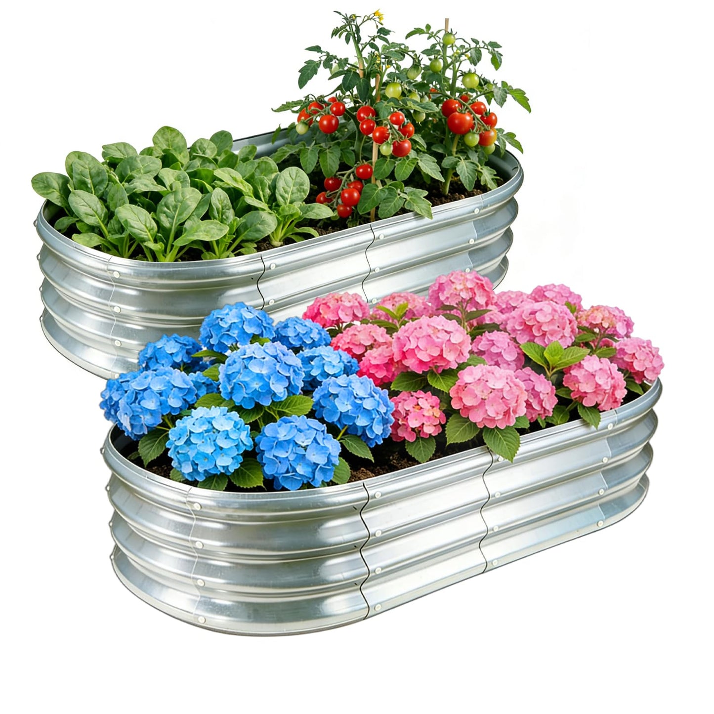 GOOZOO 2PC Galvanized Planter Raised Garden Beds, 4x2x1ft Raised Garden Bed Kit for Gardening Outdoor, Oval Metal Land Planter Box for Vegetables, Fruits, Flowers（Silver）