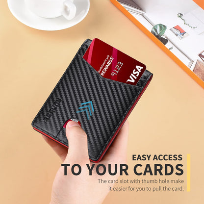 RUNBOX Men's Wallets Slim RFID Leather 2 ID Window with Gift Box, Carbon Black&red-15 Slots, M, 15 Slots