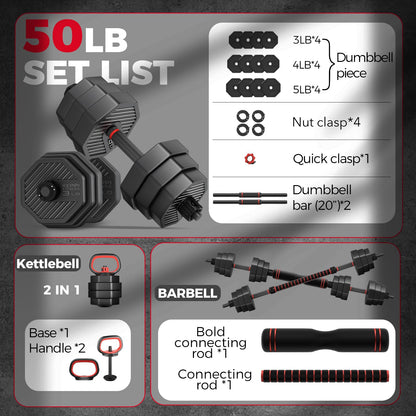 KeppiFitness Adjustable Dumbbell Set, 30/40/50/70/90 lb Weight Set with Connector Bar, 4 in 1 Workout Gear with Dumbbell, Kettlebell, Barbell, Push up Handle for Home Gym Fitness Exercise