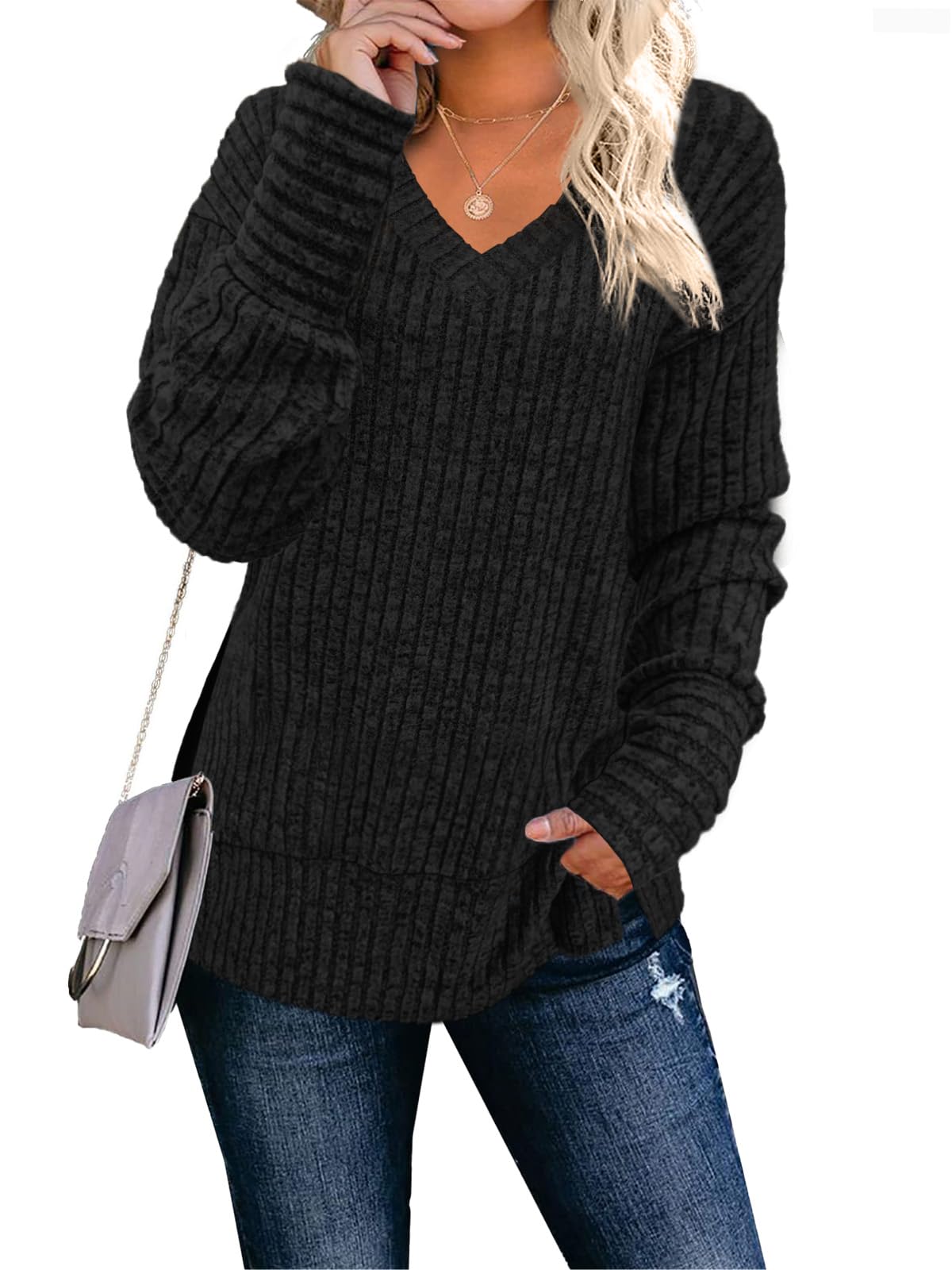 JomeDesign Womens Sweaters Long Sleeve V Neck Shirts Loose Casual Fashion Tops