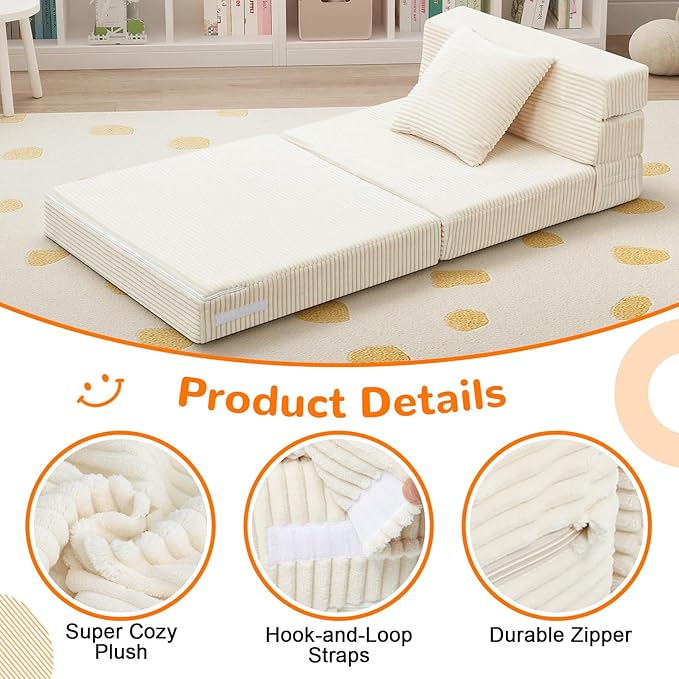 MeMoreCool Folding Sofa for Kids, Corduroy Fold Out Futon Chair, Small Foldable