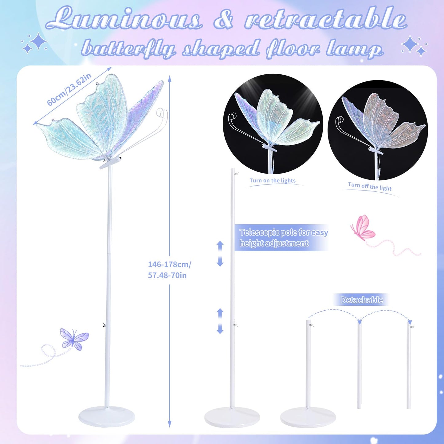 B-COOL Wedding Butterfly Floor Lamp Decoration: Christmas Birthday Party Lights Butterfly Ceiling Lamp Butterflies Chandelier White Led Decorative Iridescent|Silver Sequin 60cm/23.6in & 1PCS