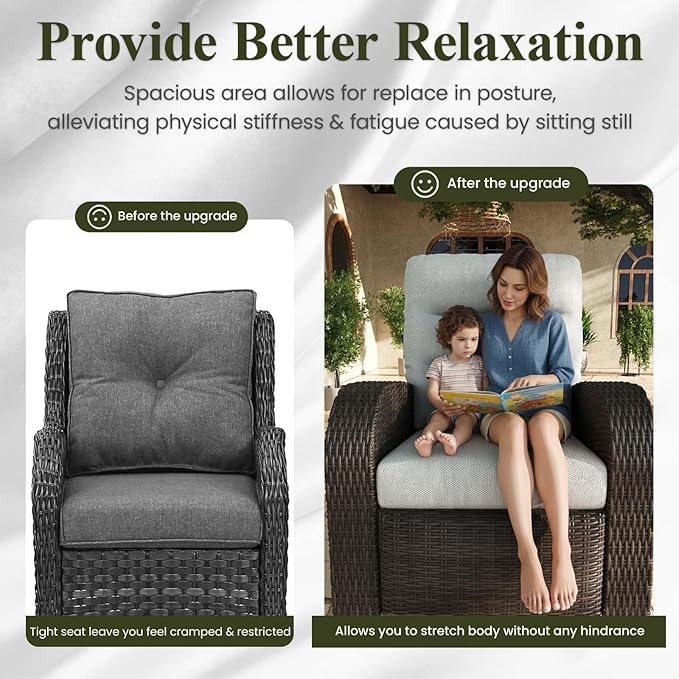 LayinSun Oversized Wicker Outdoor Swivel Glider Recliner with Adjustable Backrest & Footrest, Patio Reclining Lounge Chair - Set of 2