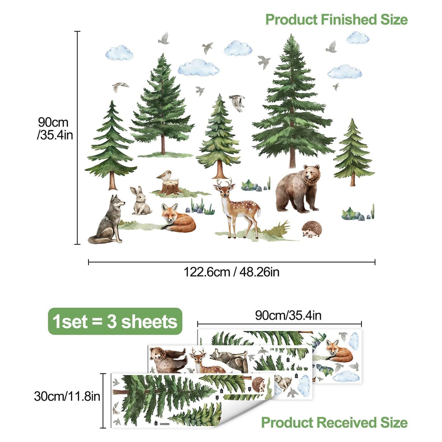EEEKit Pine Tree Wall Decals with Animals, 48.3 x 35.4 Inch Forest Tree Wall Stickers, Woodland Wall Stickers for Living Room Bedroom, Christmas Decor