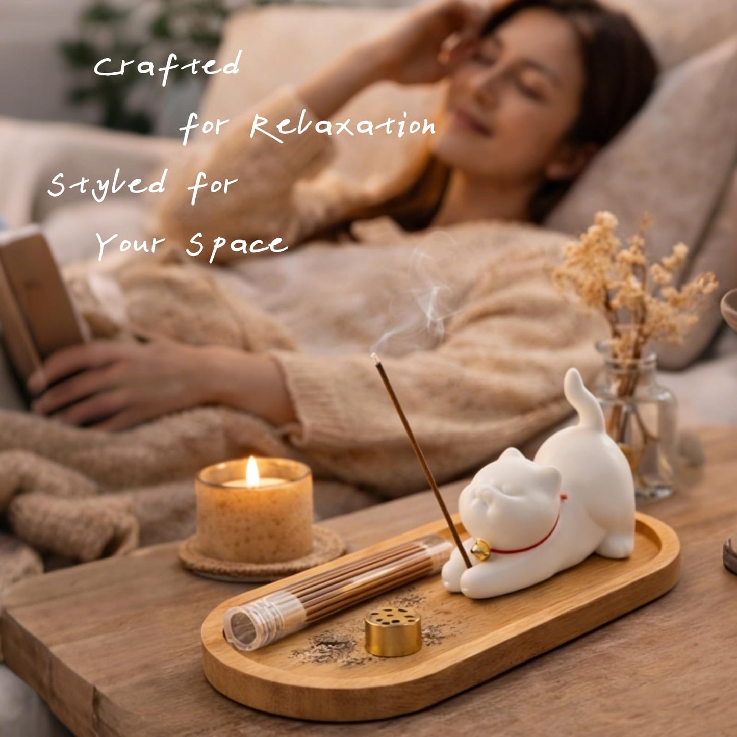 Cute Ceramic Cat Incense Holder Set with Bamboo Ash Tray and Sticks, Handmade Cat Incense Burner Incense Holder for Sticks for Yoga Spa Meditation Massage Home Office Desk Decor Zen Space Gifts