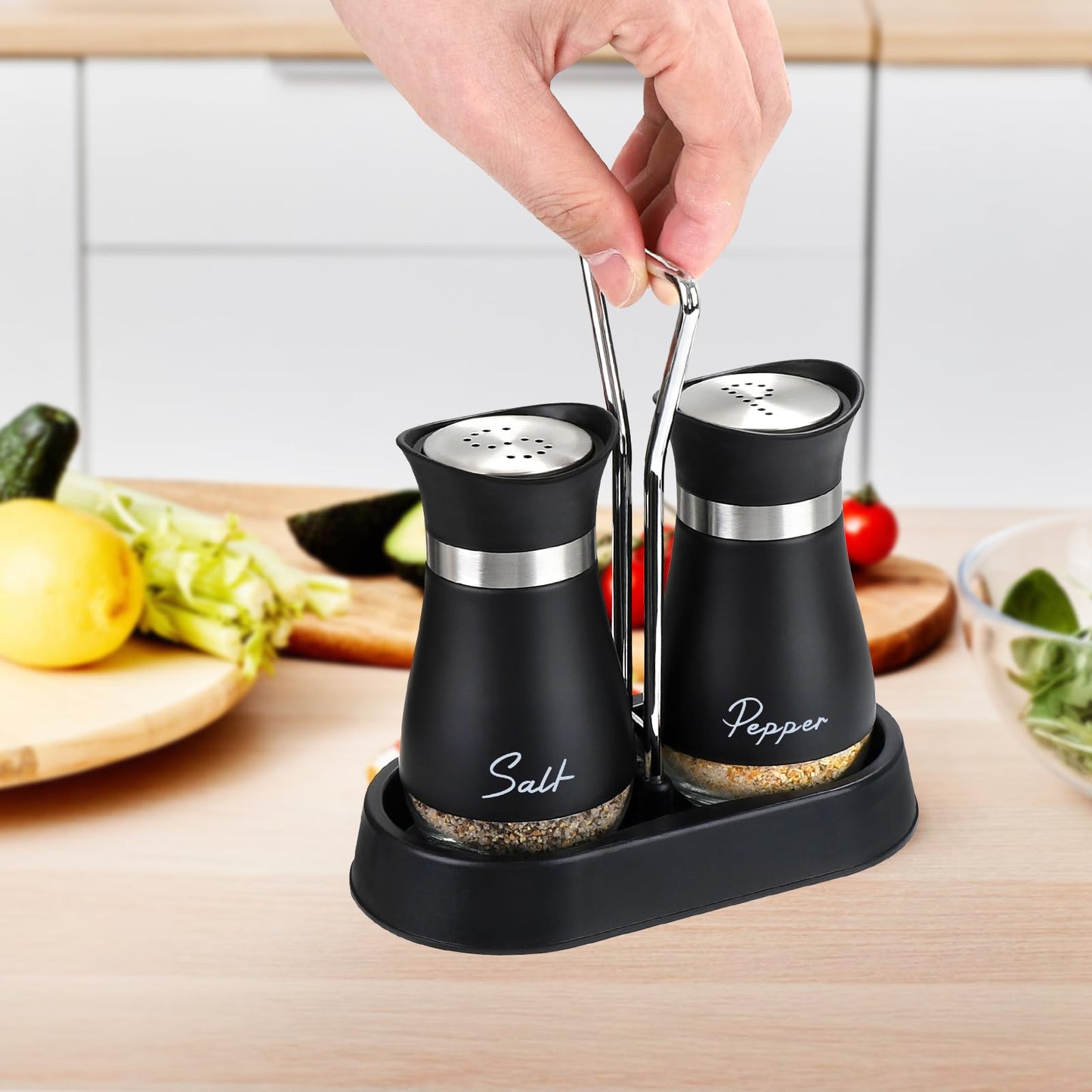 Accmor Salt and Pepper Shakers Set with Holder, 4 oz Stainless Steel Salt Pepper Shaker Containers with Glass Bottom for Kitchen Cooking, BBQ, Bar, Table, RV, Camp