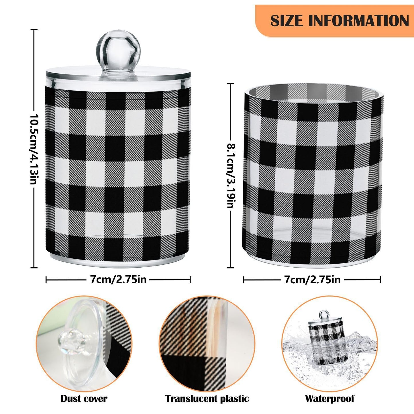 Gravopti Black and White Buffalo Plaid 14oz Storage Jars with Lids, Clear Plastic Airtight Kitchen Food Canisters for Candy, Salt, Coffee Beans, 2 Pack