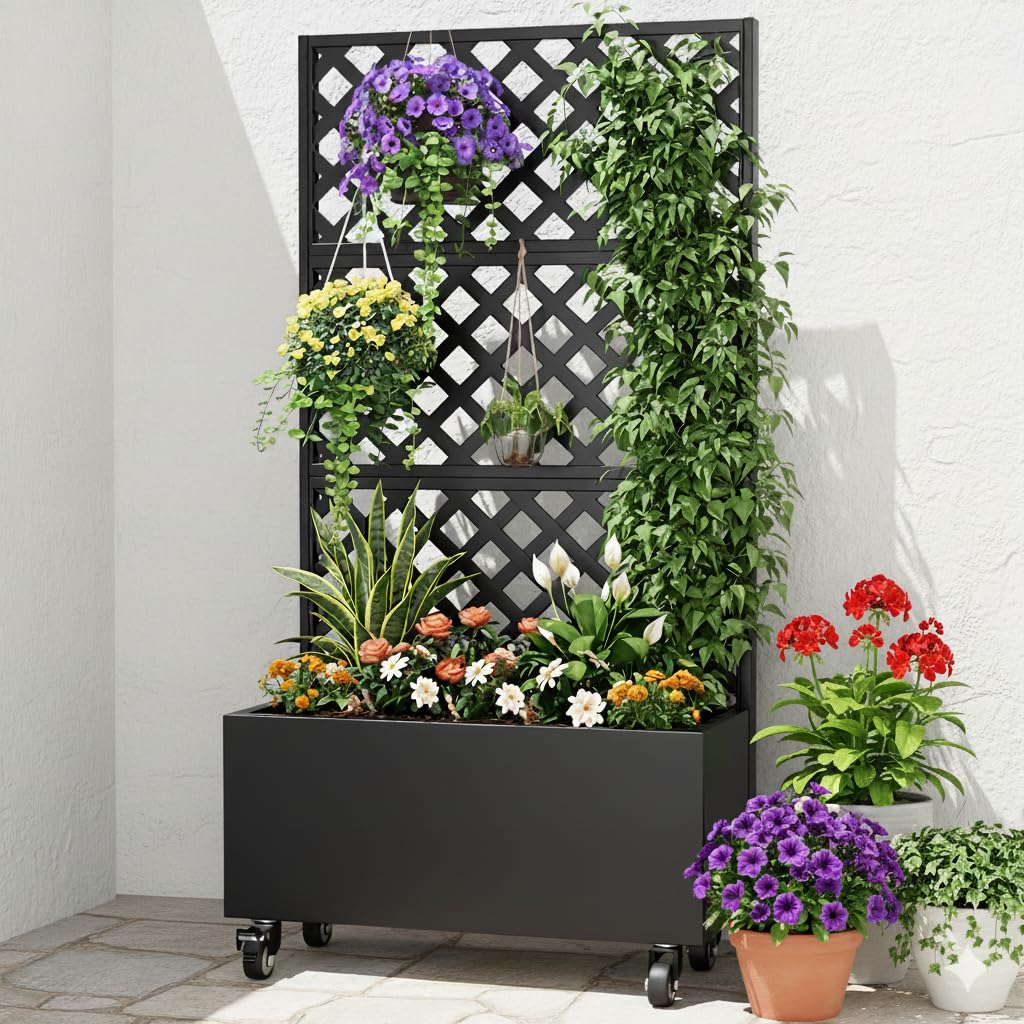 72" Metal Planter Box with Trellis Outdoor and Wheels,Planter with Trellis Privacy Screen, Raised Garden Bed with Trellis and Drainage Holes for Climbing Plants, Vegetables, Vines