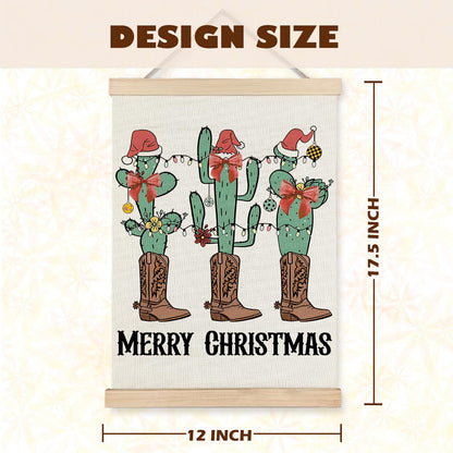 Western Christmas Wall Decor, Christmas Red Bow Cactus Cowboy Boots Wall Art With Wooden Poster Hanger, Christmas Wall Decoration, Western Christmas Wall Art Decor for Home Office, 12x16 Inch