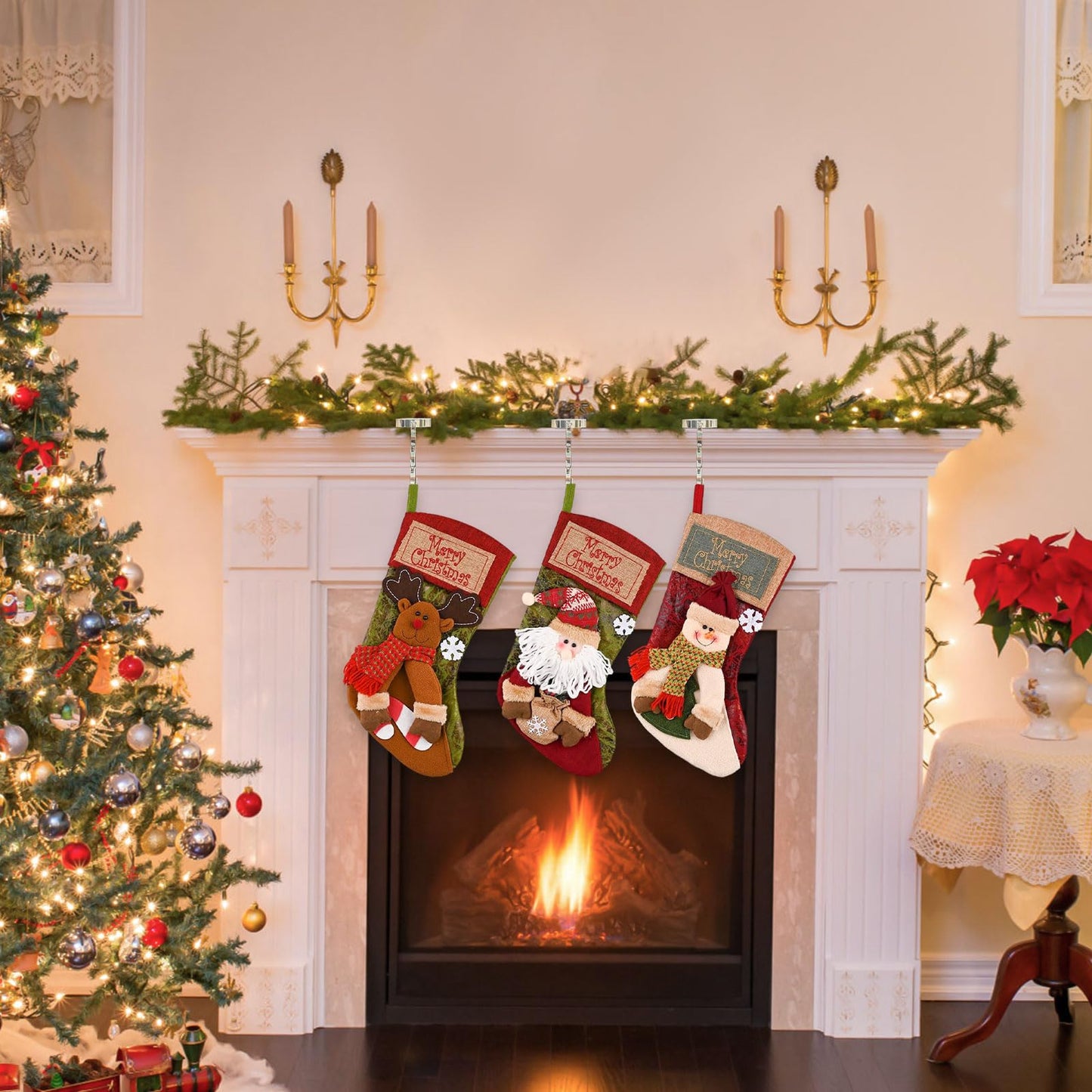 VVXKS 3 PCS Christmas Stockings Set, Large Classic Christmas Stockings with Holder, Stockings with 3D Santa, Snowman, Reindeer 3D Bulk Xmas Stockings for Fireplace Window Counter Party Decor 17"