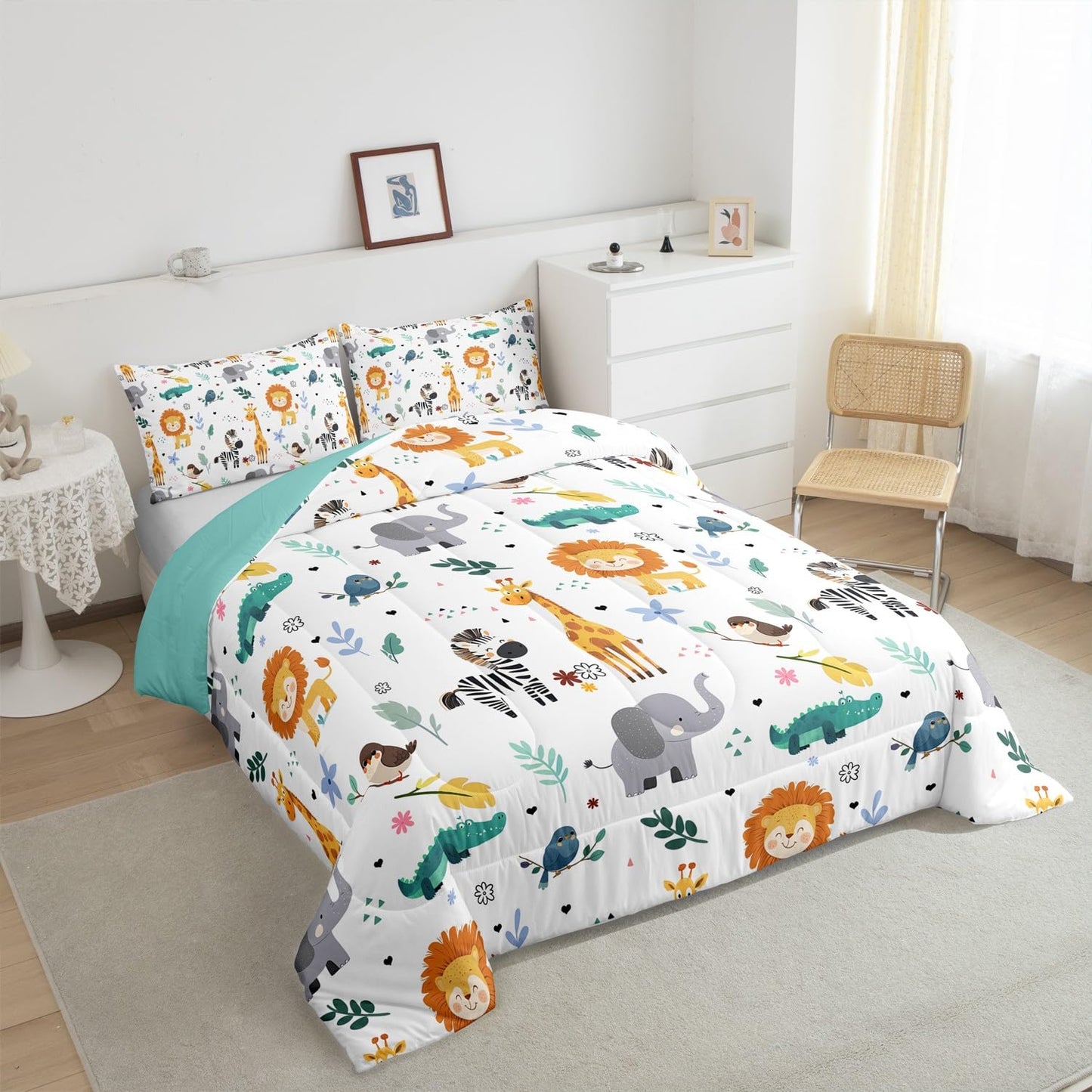 Erosebridal Full Size Zoo Animal Comforter Set, Giraffe Lion Elephant Bedding Set, Cute Wild Animals Down Comforter for Kids Teens Boys Girls Bedroom, Cartoon Safari Wildlife Quilt,Lightweight