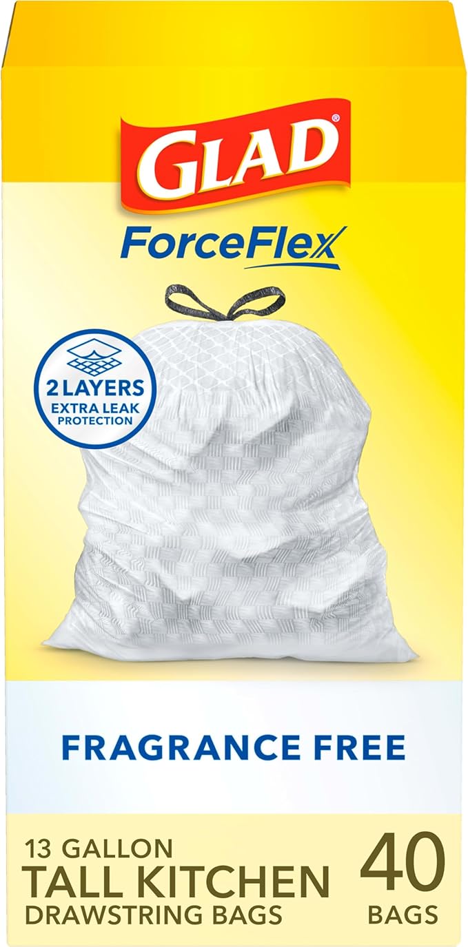 Glad ForceFlex Tall Kitchen Drawstring Trash Bags, 13 Gal, Fragrance Free