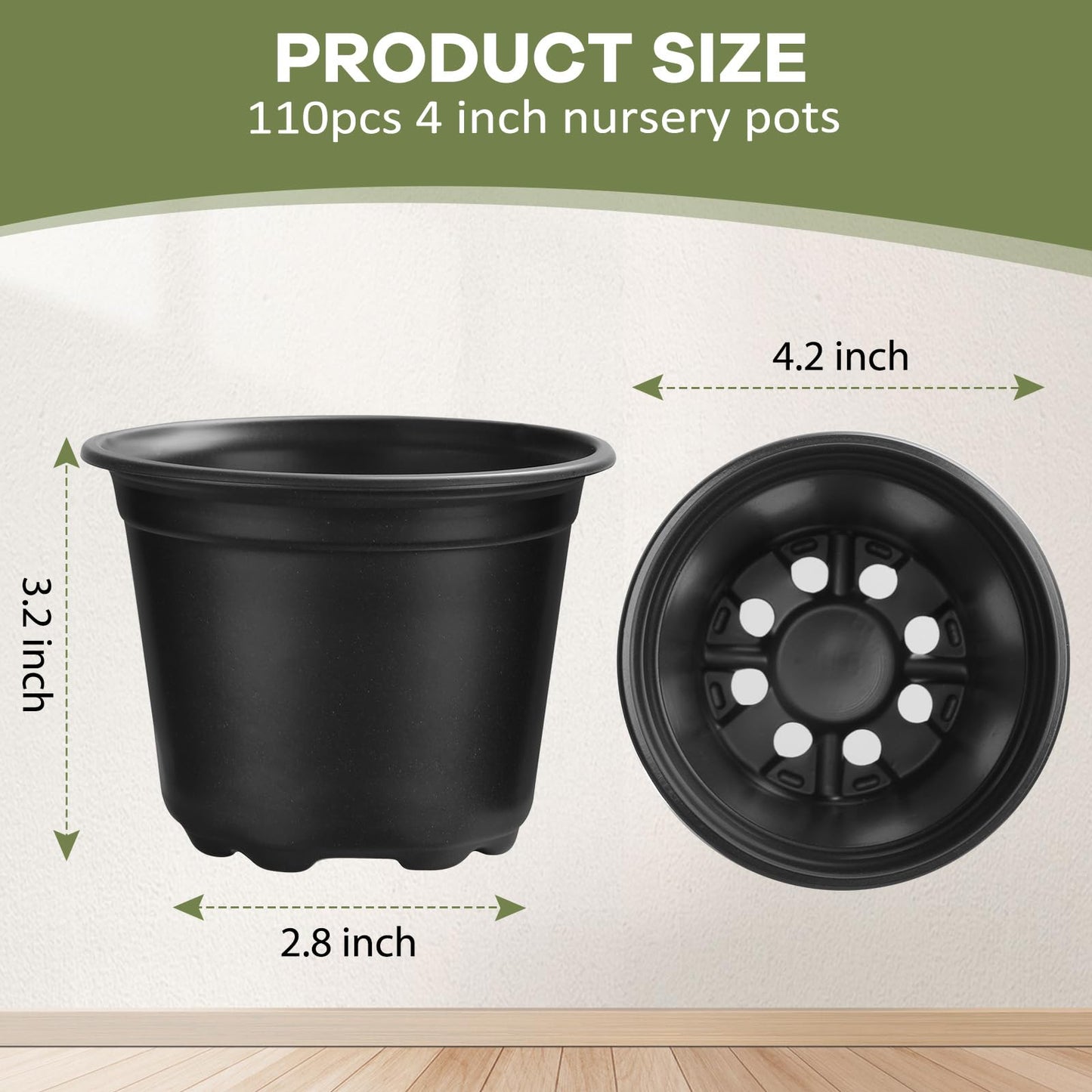 HQAUT 4 5 6 Inch Nursery Pots, 110 Packs Plastic Plant Pot with Drainage Hole, Seedling Starter Pots for Succulents (4 Inch)