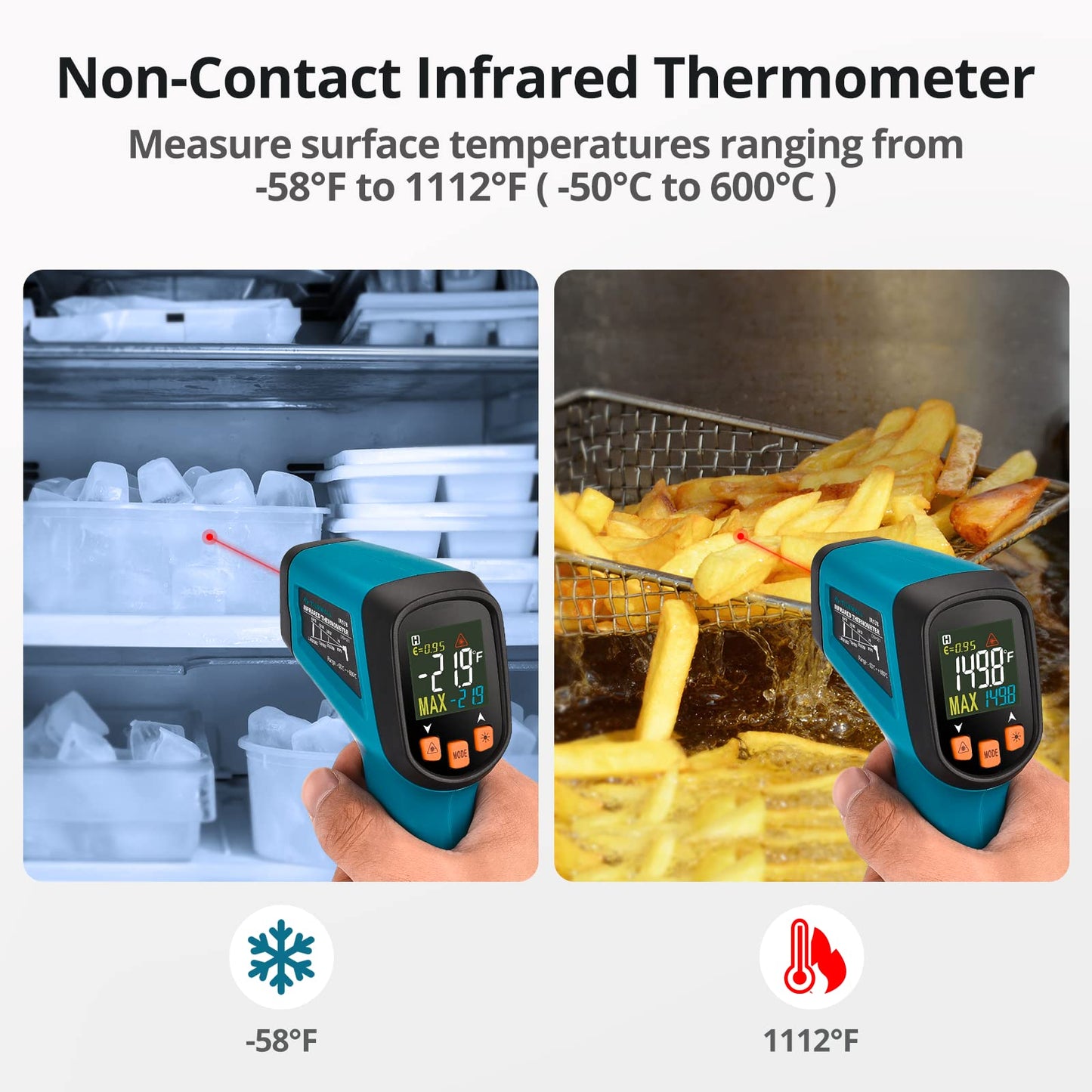 Tilswall Infrared Thermometer Non-Contact Digital Laser Temperature Gun, -50℃~600℃ (-58℉~1112℉) with Adjustable Emissivity, High/Low Temperature Alarm, for Cooking/Pizza Oven/BBQ, Not for Human