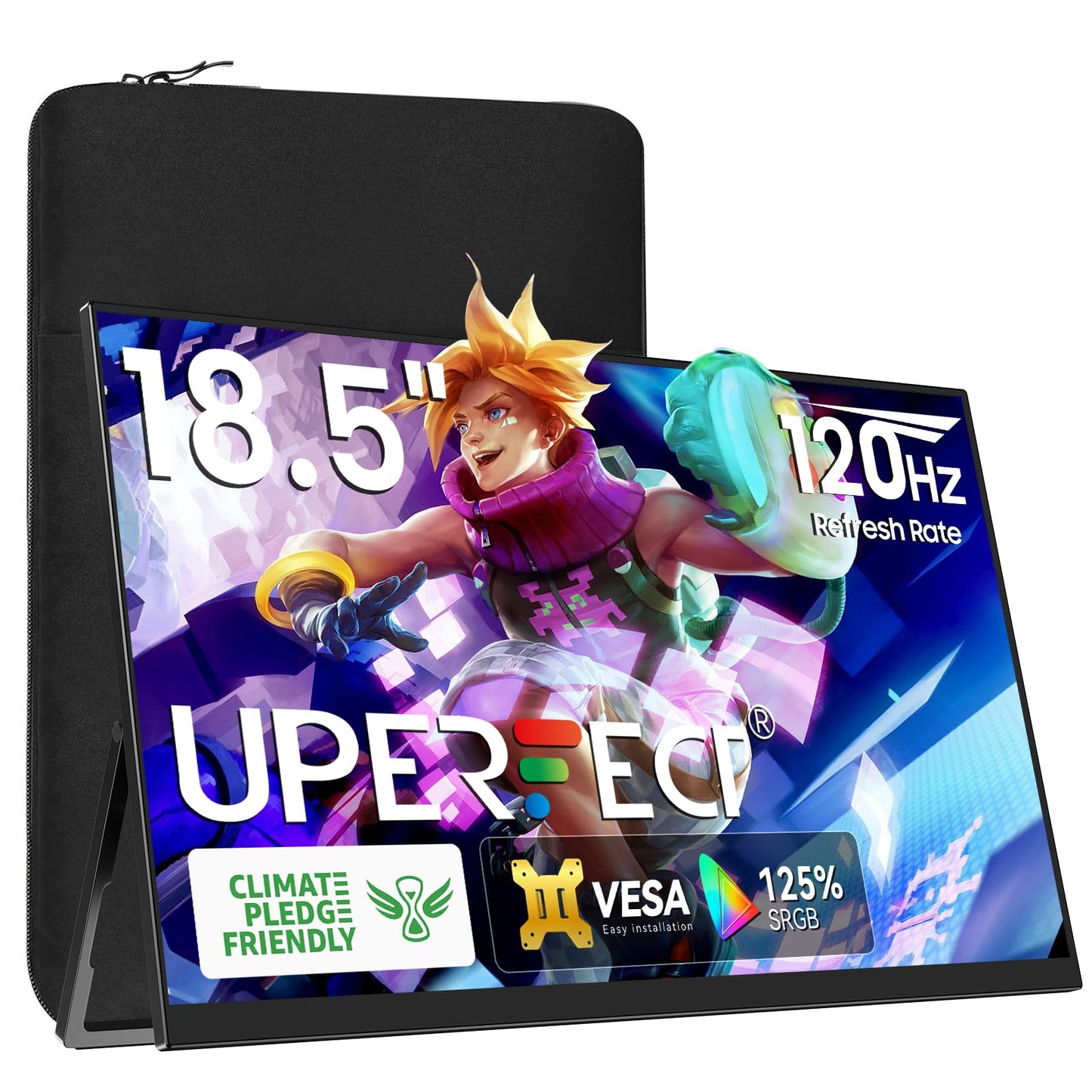 UPERFECT Portable Monitor 18.5 inch 120HZ 125% sRGB 1080P w/VESA & Stand, Large Portable Monitor FreeSync IPS HDR Gaming Display, HDMI USB C Travel Second Screen for Laptop MacBook