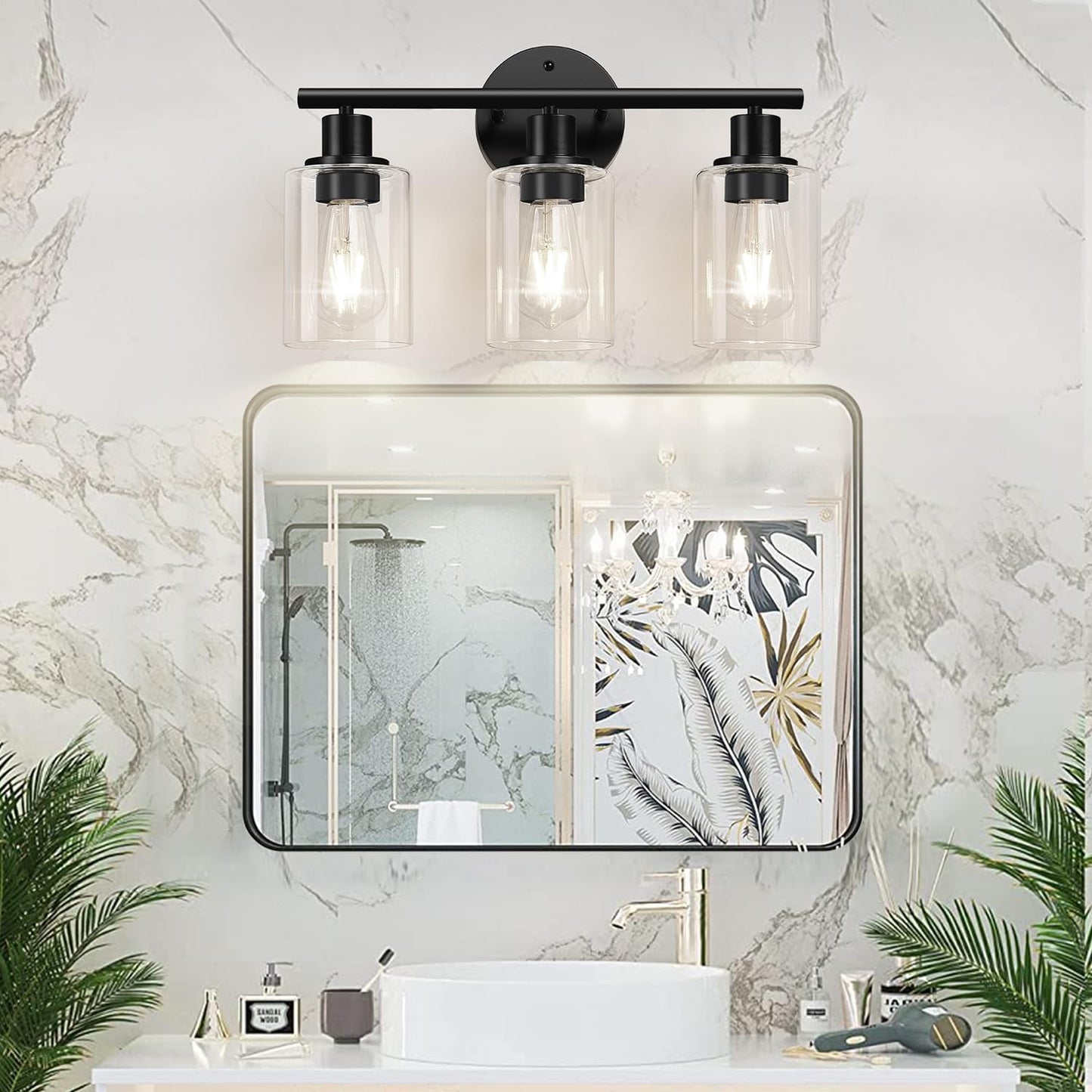 ZASTION 3-Light Bathroom Light Fixtures, Black Bathroom Wall Lights, Modern Bathroom Vanity Light with Clear Glass Shade, Bathroom Wall Lamp for Mirror Kitchen Bedroom Living Room