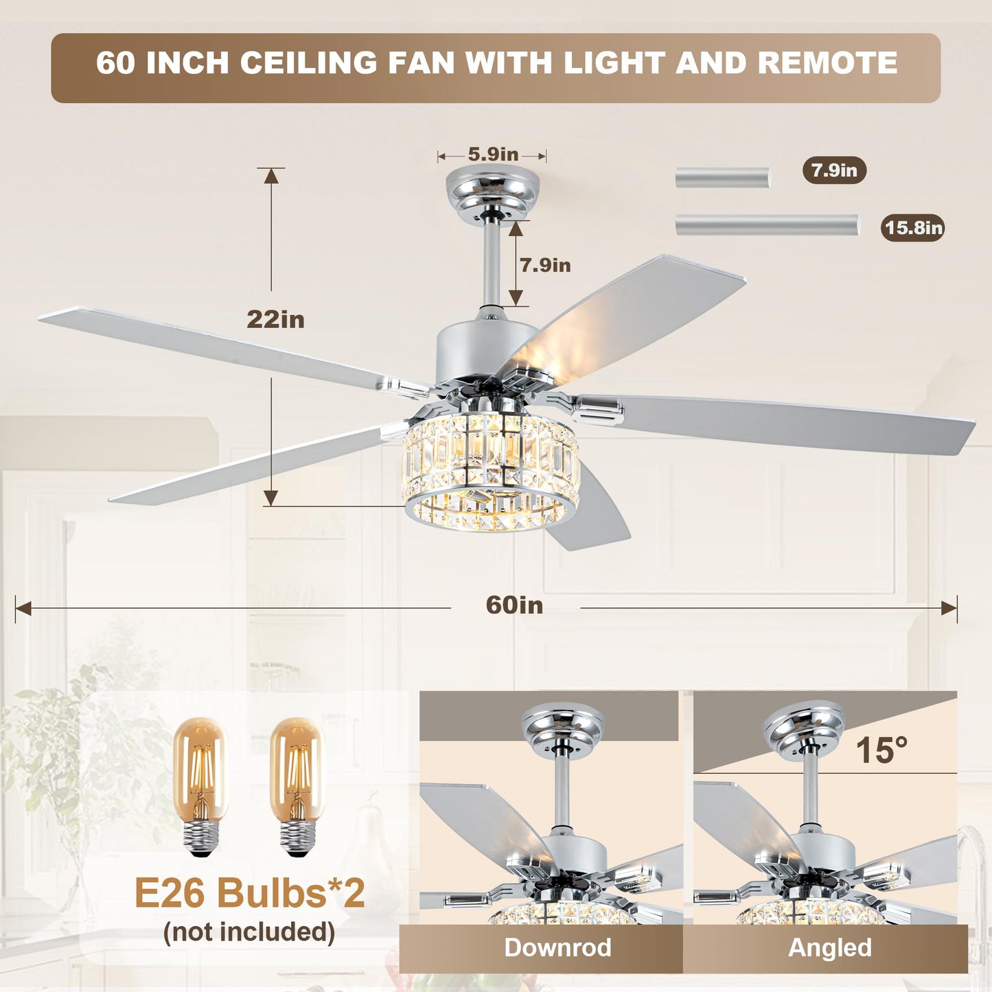 Esiovco Chandelier Ceiling Fans with Lights and Remote,Caged Ceiling Fan with Light,App 5 Blades E26 Fandelier Ceiling Fans with Lights,Crystal Ceiling Fan for Bedroom,Living Room. (Nickel, 60 Inch)