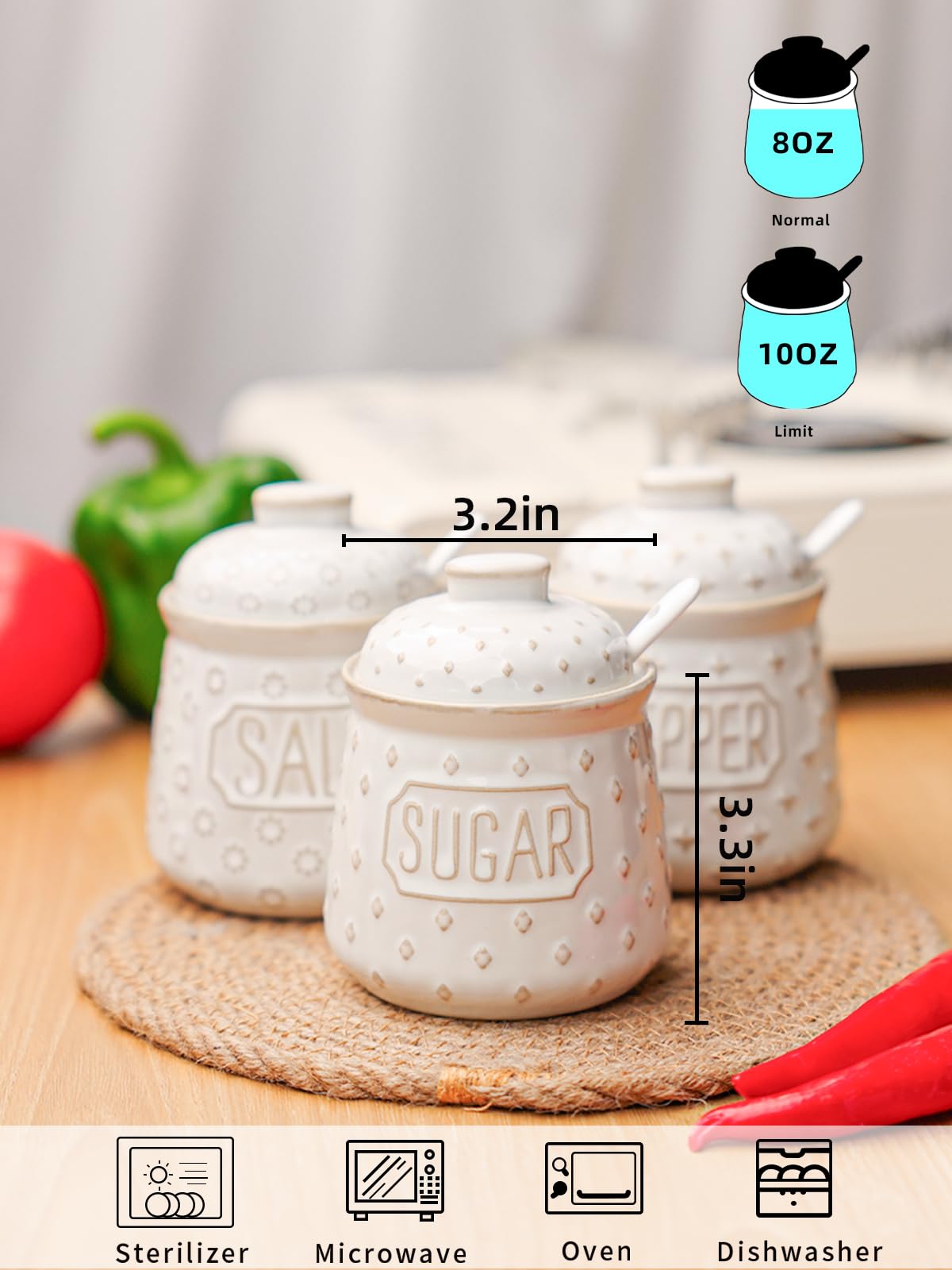 GDCZ 10 Oz Sugar Pepper and Salt Bowls with Lid and Spoon, Ceramics Seasoning Container, Seasoning Jar Spice Container for Kitchen,Dishwasher Safe, Set of 3 (White)
