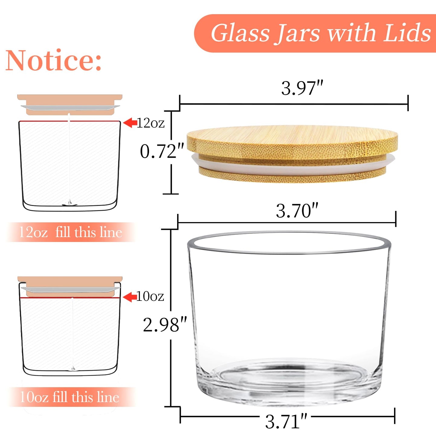 CONNOO 8 Pack 12 OZ Clear Glass Wide Mouth Candle Jars for Making Candles with Airtight Bamboo Lids Nice Sticky Warning Labels for Candle Making Empty Container Bulk - Dishwasher Safe