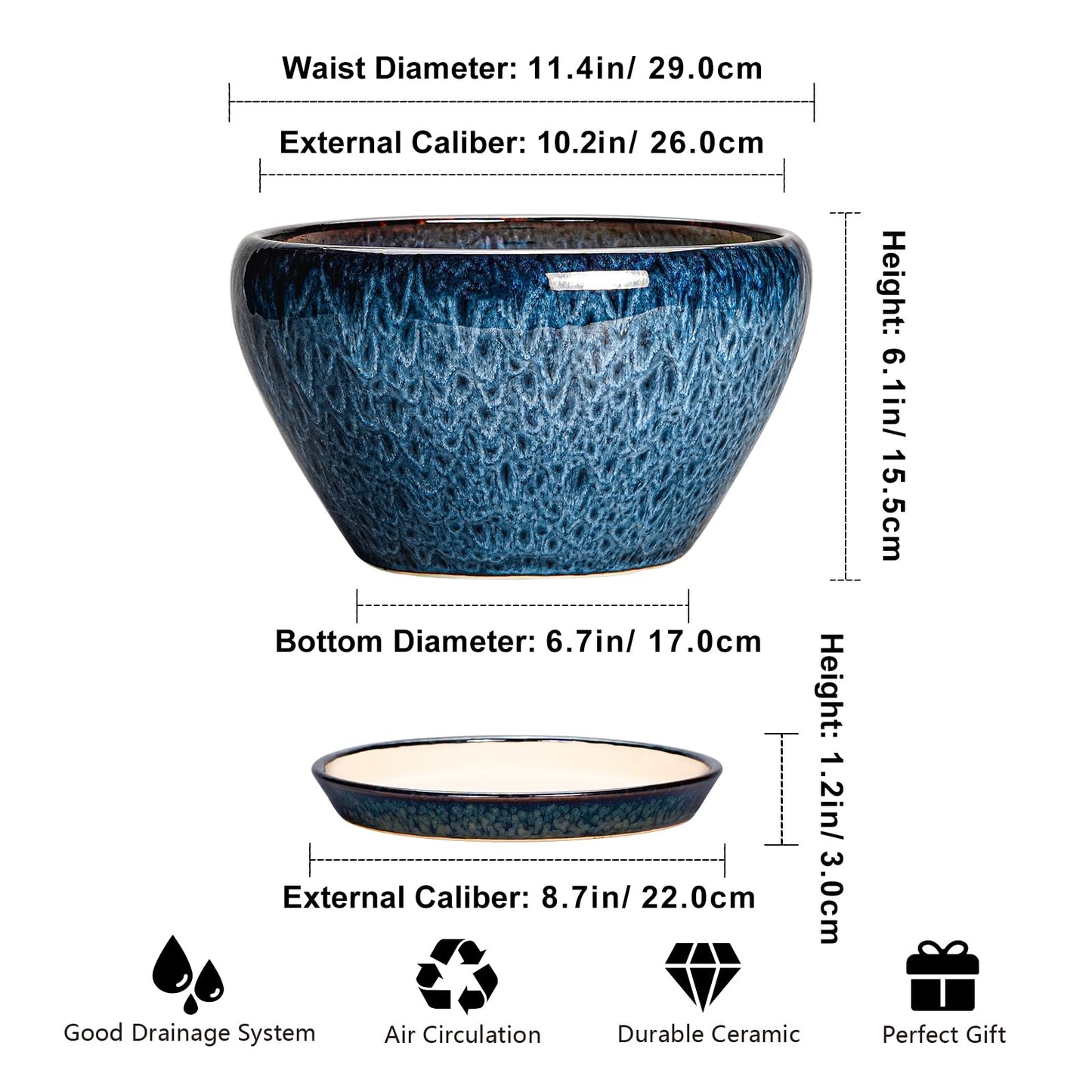Ceramicfor Ceramic Planter 11 Inch - Ceramic Pots for Plants Indoor Outdoor, Large Plant Pot with Drainage Hole and Saucer, Decorative Round Planter, Plant Lover Gifts, Garden Decor, Blue