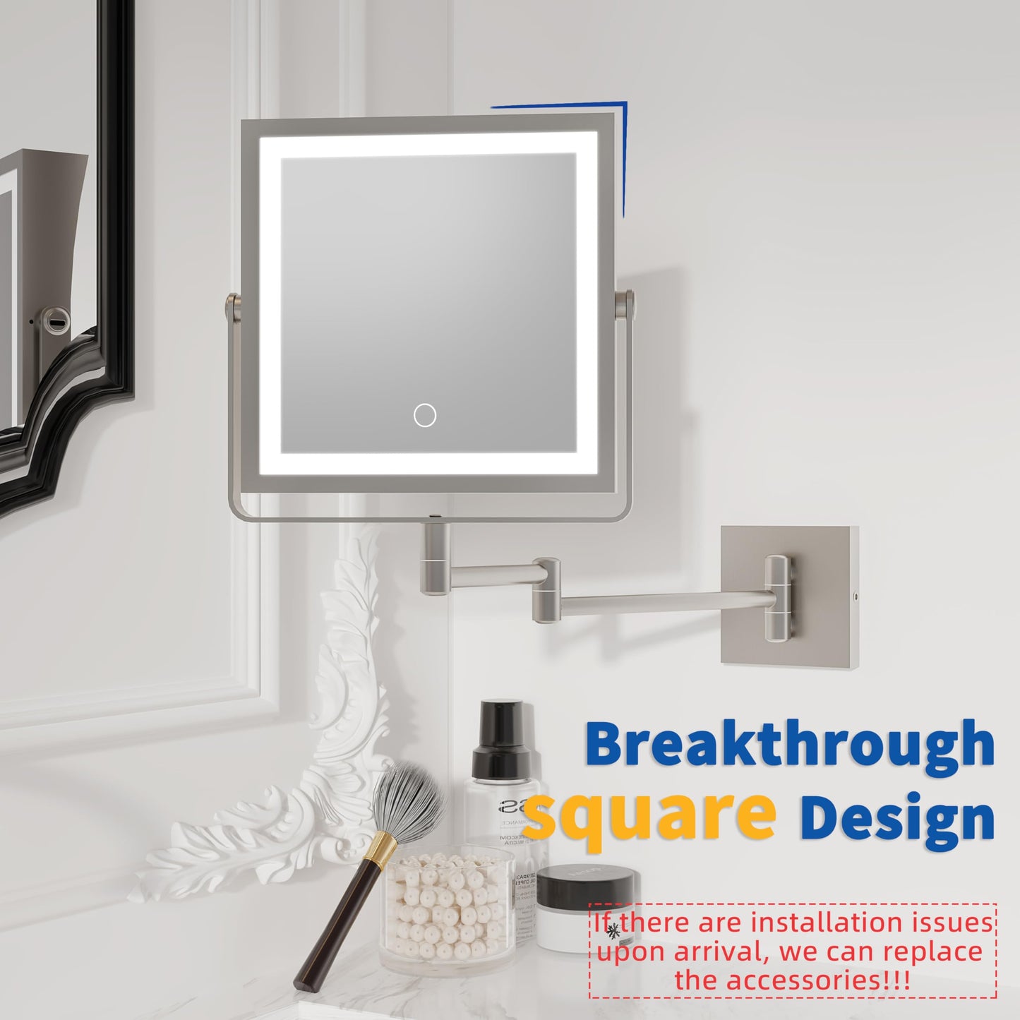 Ruacq Rechargeable Wall Mounted Makeup Mirror with Lights, Double Sided 1X/10X Magnifying Vanity Mirror with 3 Color Lighting, Touch Screen Dimmable, 360° Rotation Extension Foldable Arm(Matte Black)
