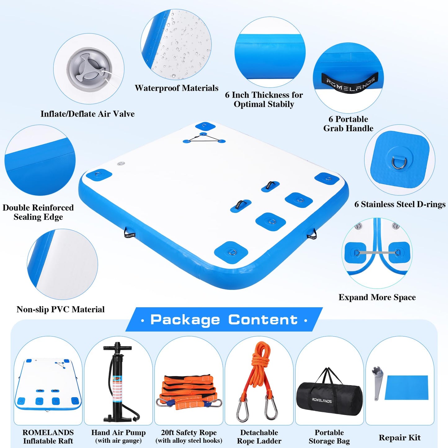 ROMELANDS Inflatable Floating Dock, Swim Platform Floating Island Raft, Large Air Mat Inflatable Water Pad with None-Slip Surface for Lake Pool Beach Ocean