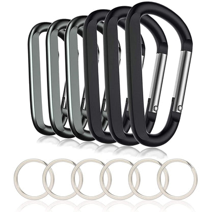 CampTek 6PCS Carabiner Caribeaner Clip,3" Large Aluminum D Ring Shape Carabeaner with 6PCS Keyring Keychain Hook (Black + Grey)