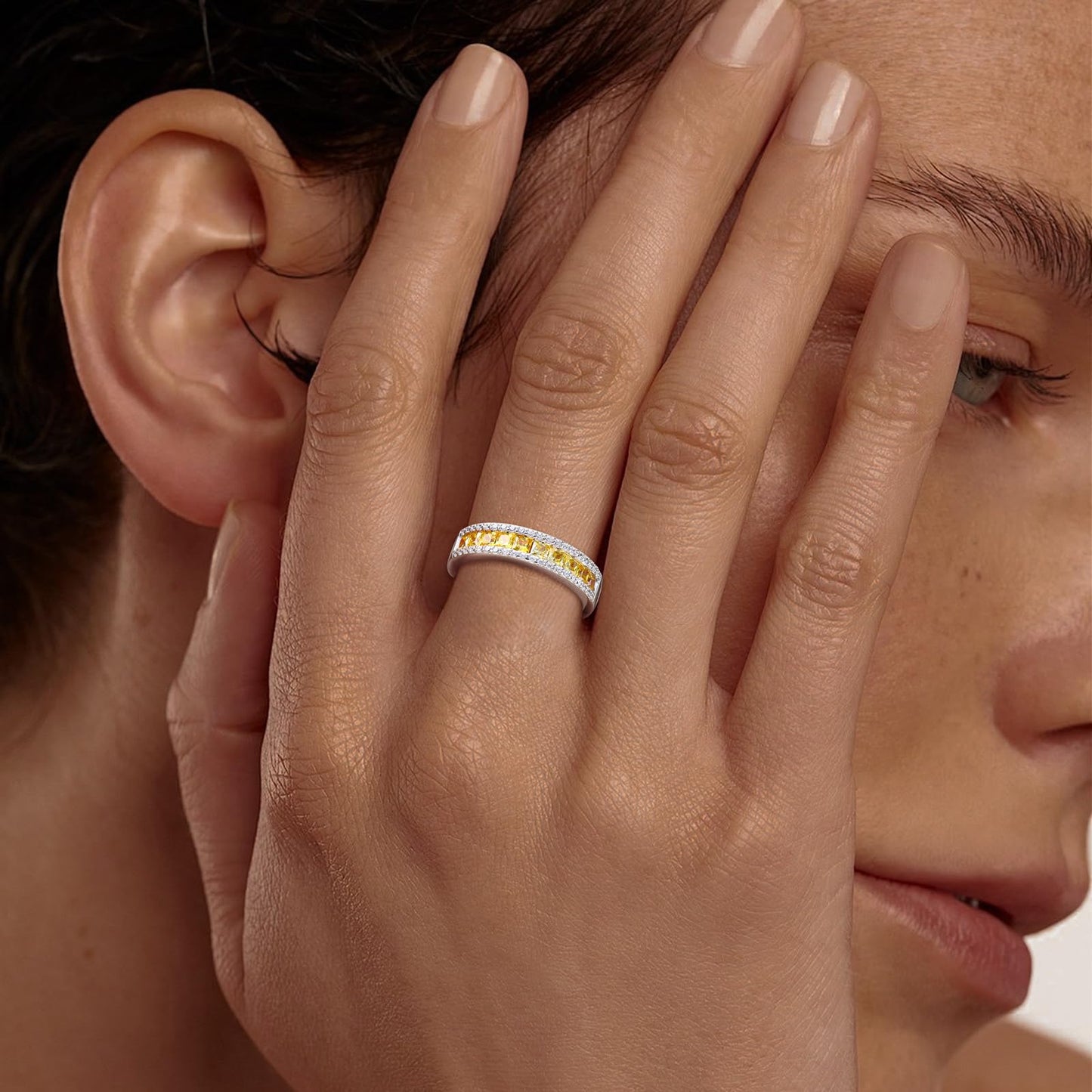 RANDES Citrine Ring 925 Sterling Silver Band Rings for Women Channel Set Princess Cut Eternity Band November Birthstone Ring Size 10