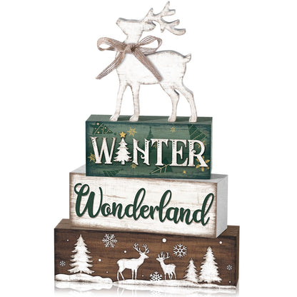 Yousoontic 4 Pcs Winter Decor Woodland Christmas Wooden Sign Blocks Table Centerpiece with Reindeer Snowflakes Trees Rustic Holiday Decorations for Farmhouse Winter Home Indoor