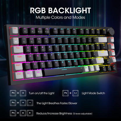 KOORUI Gaming Keyboards, 26 RGB Backlit Mechanical Keyboard Wireless/Wired Compatible Bluetooth 82 Keys Rechargeable 4000mAh Battery UK Layout Gamer Keyboards for Windows MacOS Linux (Blue Switch)