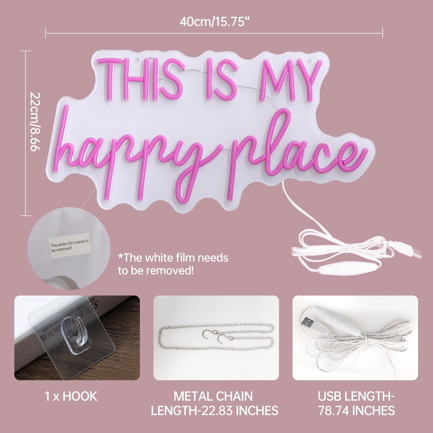 Neon Signs for Wall Decor - This Is My Happy Place Neon Signs for Teen Girls Bedroom Decor, Pink Led Neon Lights for Wall Decor, Nightstand Light, Dimmable Switch USB Power, Adhesive Hook Included