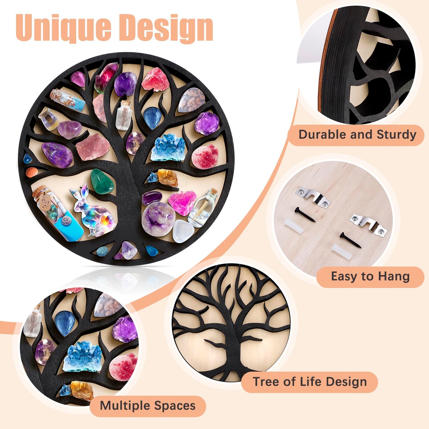 CEYAZYE Crystal Display Shelf, Wooden Tree of Life Trinket Holder, Decorative Boho Home Wall Decor, Cute Hanging Shelves for Stones Essential Oils Gemstones and Treasures Storage 11.8x11.8 Inches