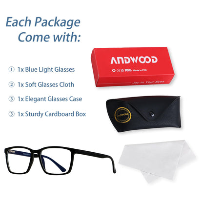 ANDWOOD Blue Light Blocking Glasses Men Women Computer Filter Large Frame Bluelight Blocker Anti Blue Ray Square Black