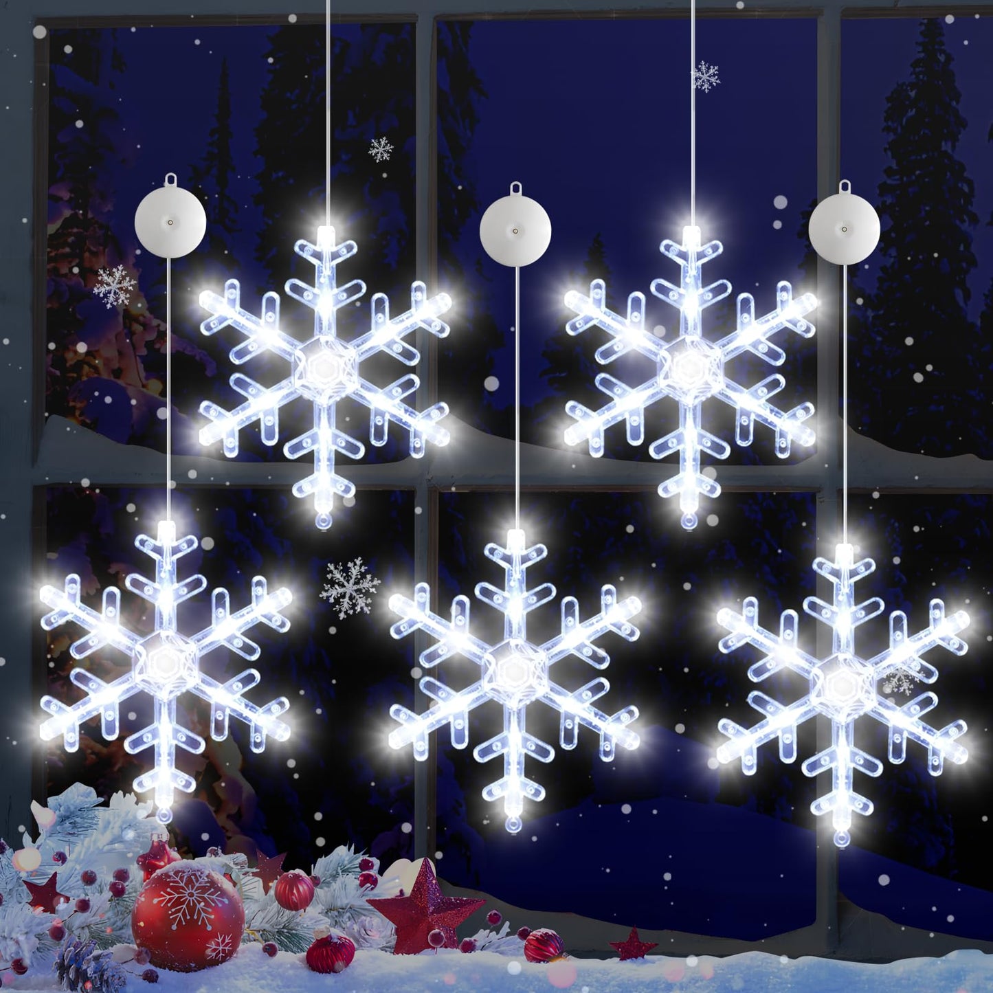 LYUBASA 5Pack Christmas Window Lights Decorations with Timer,Battery Powered Christmas Hanging White Lighted Snowflake Shaped LED Sucker for Xmas Tree Fireplace Indoor Decor