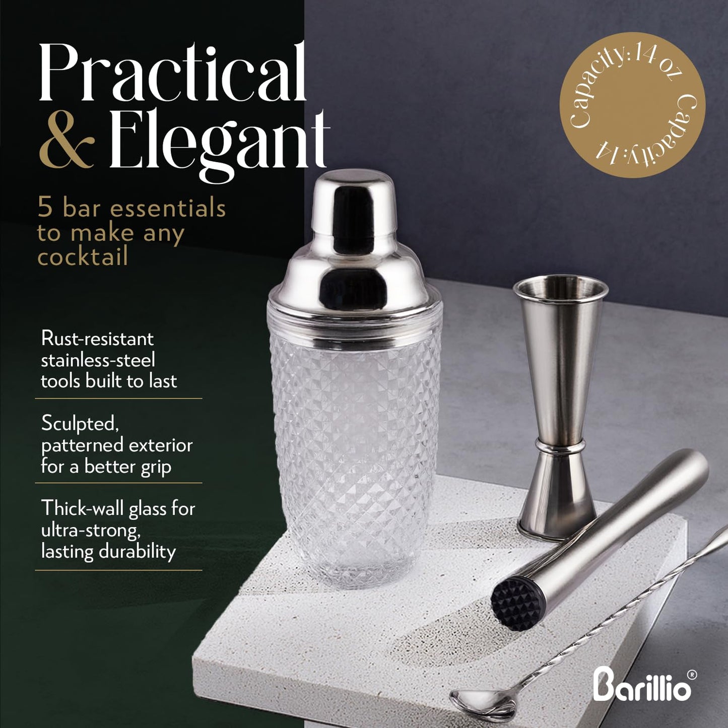 Barillio Glass Cocktail Shaker Set | 14 oz Cobbler Mixer with Bar Tools | Bartender Kit with Measuring Jigger, Mixing Spoon and Muddler | Gift Set