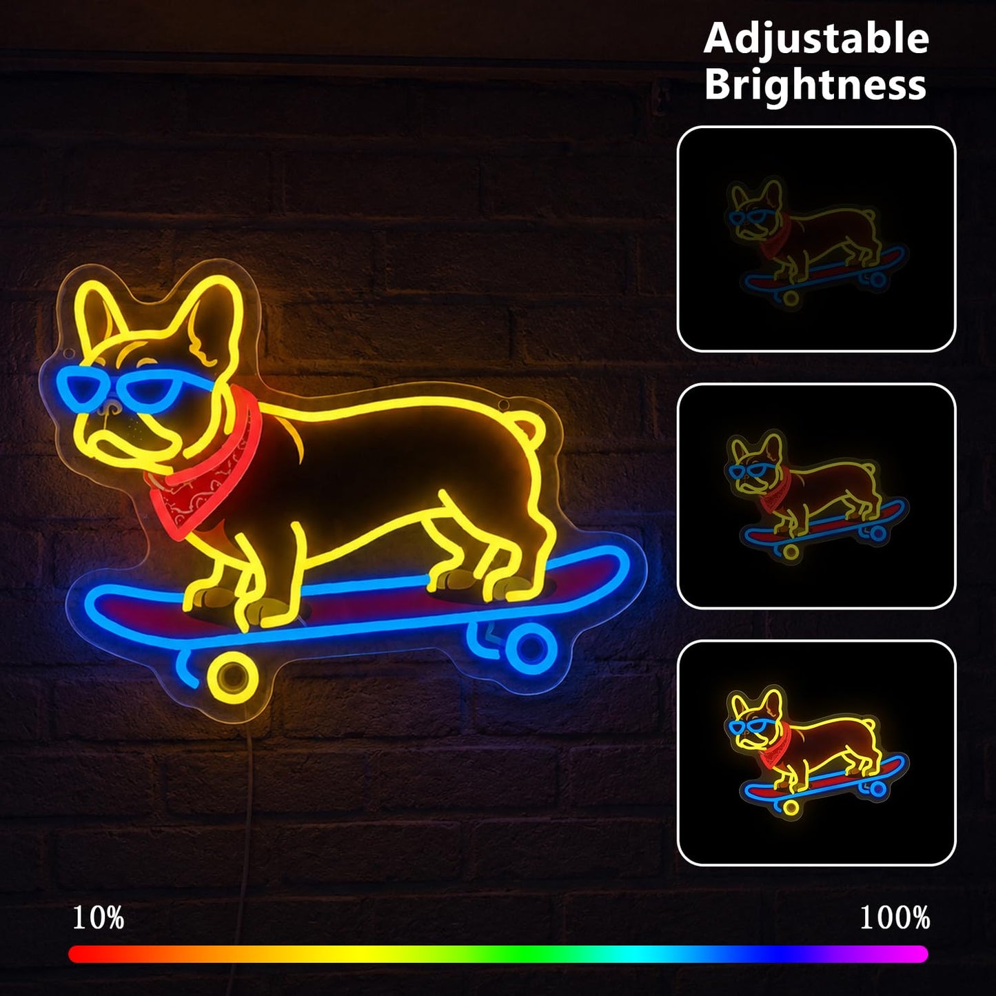French Bulldog Skateboarding Neon Sign, Skateboard Dog Frenchie Wearing Glasses Neon Signs, Dimmable LED Bulldog Wall Art Decor, Frenchie Dog Lover Gifts