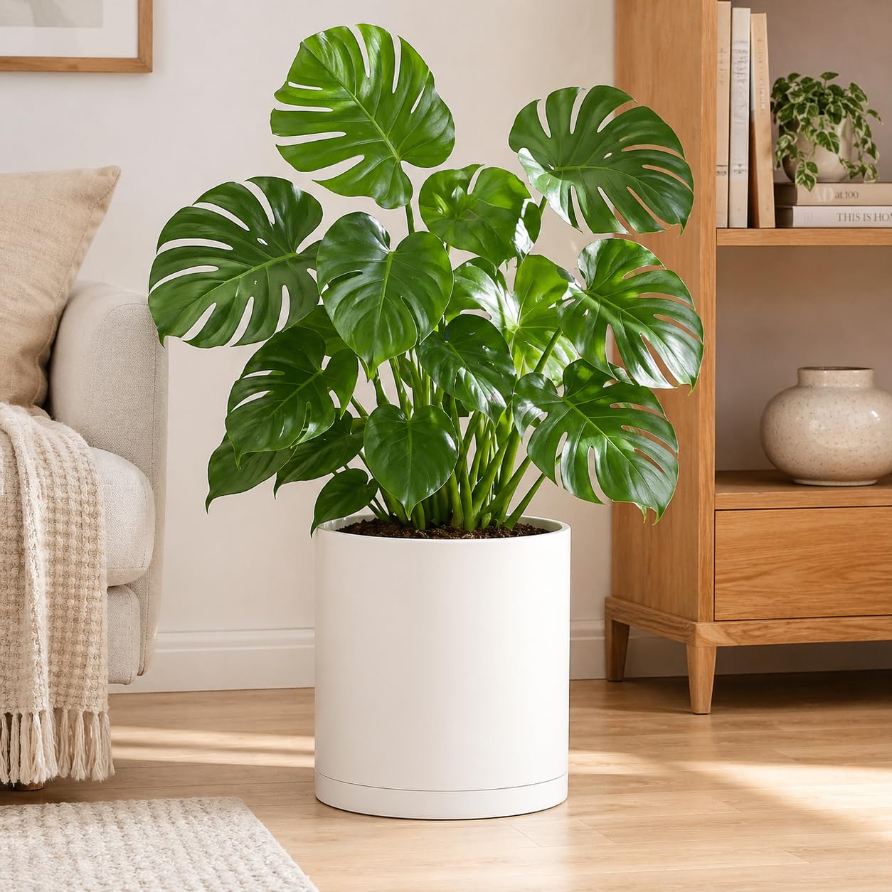 Giraffe Creation 14-Inch Round Cylinder Plant Pot, Modern Indoor/Outdoor Planter with Drainage Hole, Saucer & Water Reservoir, White