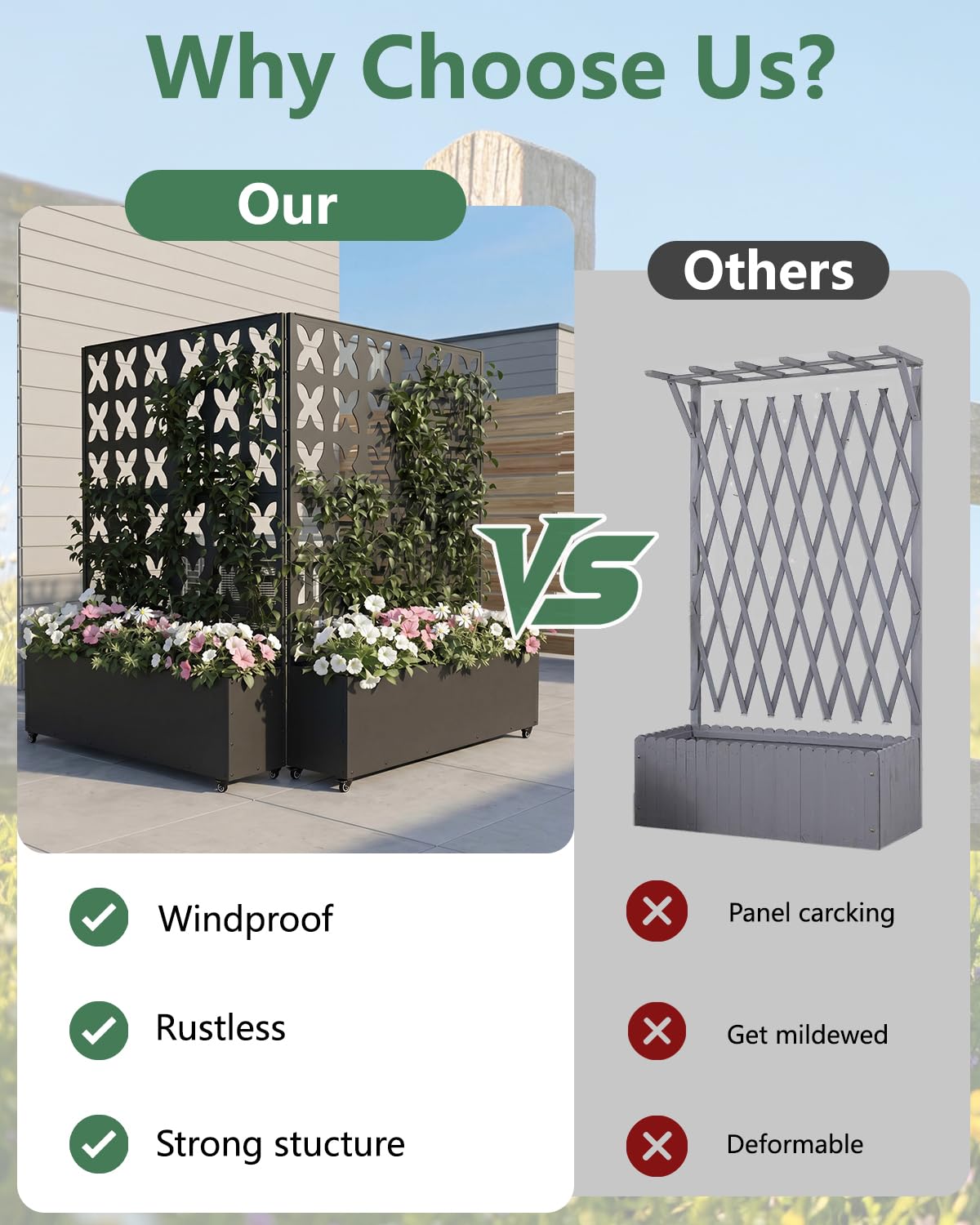 FOLAWO Metal Planter Box with Trellis,70.9"x47.2"x15.7" Raised Garden Bed with Drainage Holes, Privacy Planters for Outdoor Garden Bed for Climbing Plants,Vegetables,and Vines, Black-X