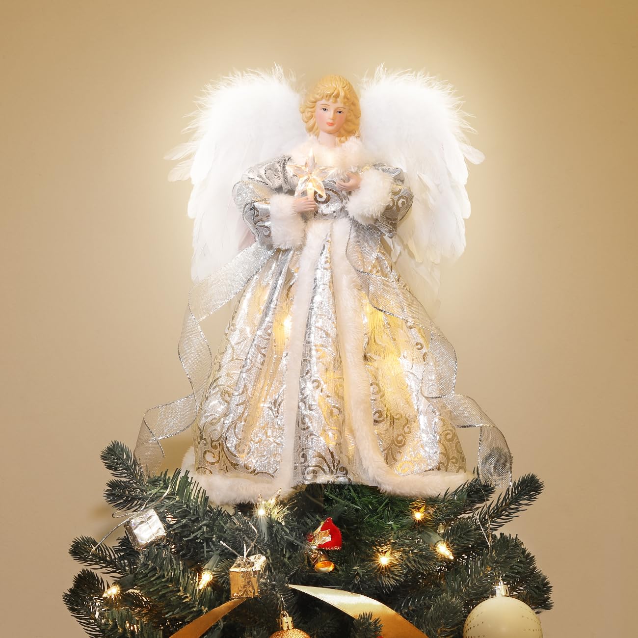 Luxspire Christmas Tree Topper, Angel Tree Topper with Lights, Angel Topper for Christmas Tree with Remote Control & Timer, USB Lighted Christmas Decorations for Holiday Home Indoor,White Dress