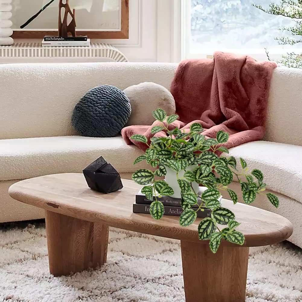 GnFlus Fake Hanging Plants, 20 Inch Artificial Ivy Plant in Ceramic Pot Faux Watermelon Peperomia Trailing Vine Plant Potted for Home Bedroom Office Table Shef Desk Indoor Outdoor Decor Green