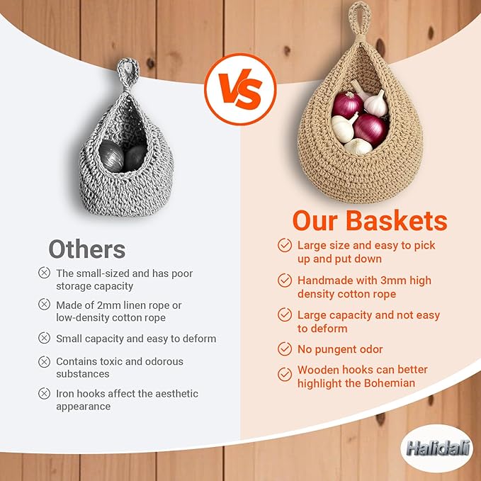 Halidali Hanging Fruit Baskets for Kitchen, 3 Pack Boho Cotton Rope Handwoven