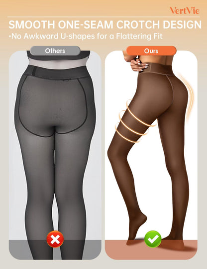 Vertvie Fleece Lined Tights Women Crotch One Seam Line Warm Sheer Pantyhose Fake Translucent Thermal Thick Tights Leggings