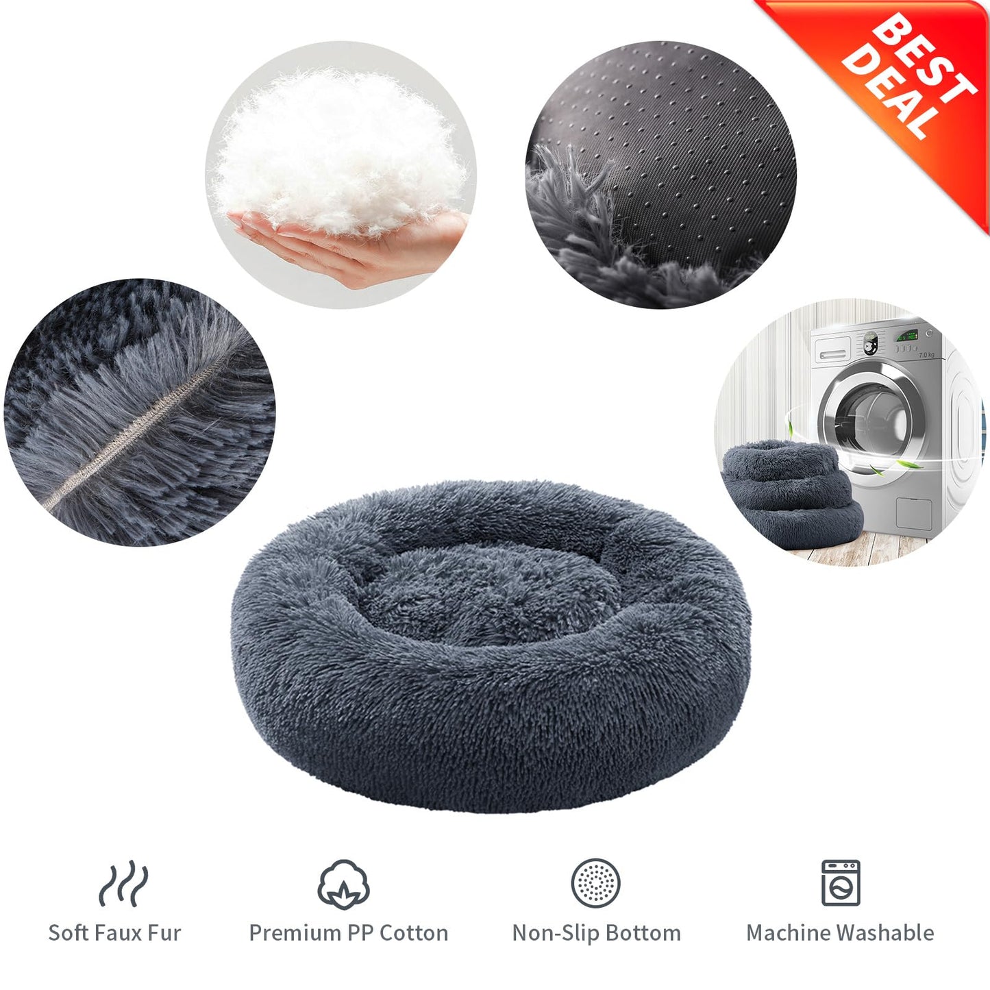 YOJOGEE Small Cat Bed for Indoor Cats, Self-Warming Donut Kitty Bed for Small Cats Keeping Warm, Washable Pet bed with Anti Slip Base, DarkGrey 40cm