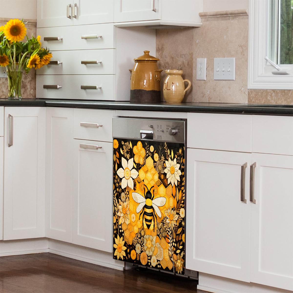 YPPAHHHH Dishwasher Magnet Cover Animal Bee Honeycomb Beehive Floral Decorative Magnetic Dishwasher Door Cover Panel for Kitchen Home Decor Refrigerator Decals Washing Machine stickers 23"x26"
