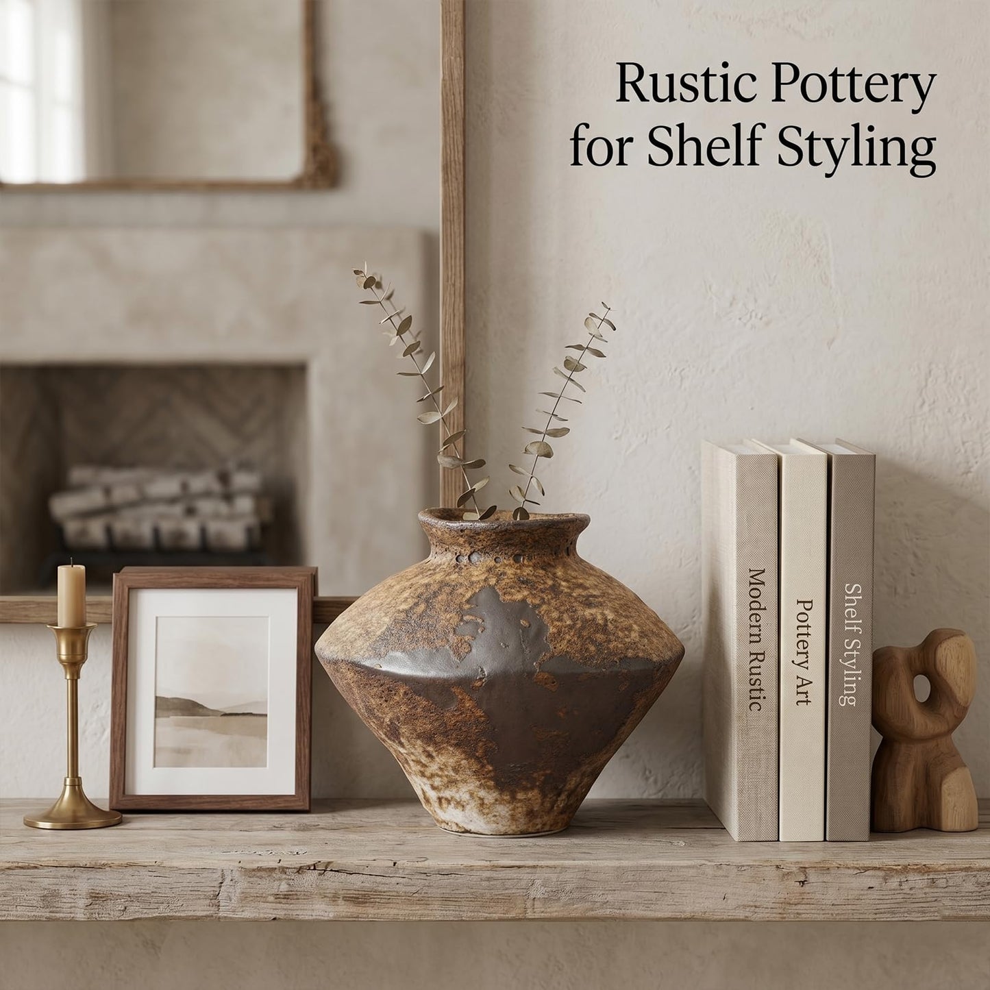 Small Stone Vase for Rustic Home Decor, Farmhouse Antique Pottery Vase Furniture&Table Flower Decorative, Round Terracotta Vases for Living Room Decor, Modern Rustic Concrete Clay Art Vases