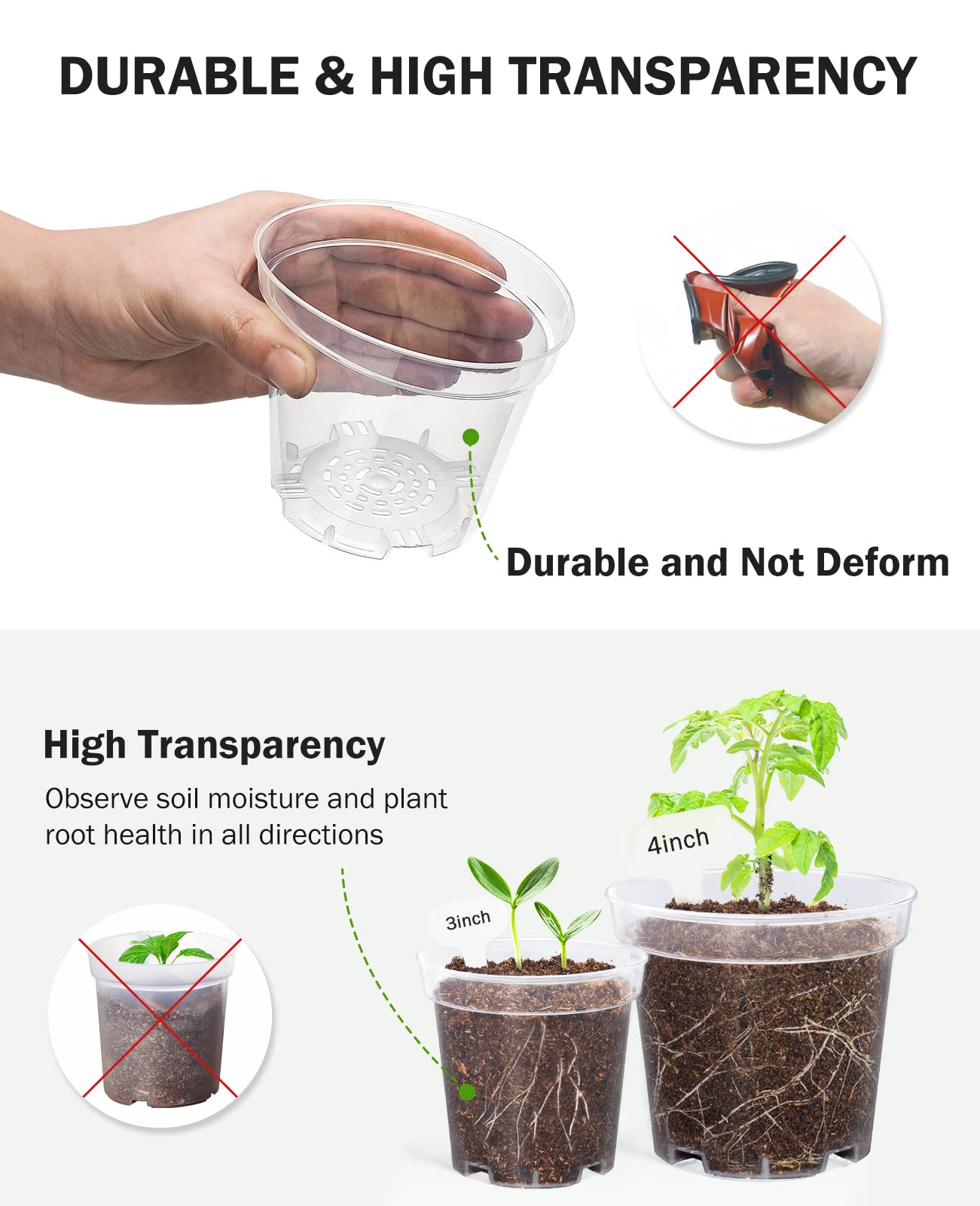 homenote Clear Nursery Pots for Plants,5 Inch Plant Pot for Planting Plastic Seedling with Drainage Holes Seed Starter Flower High Transparency with 20 Labels (30 Pack)