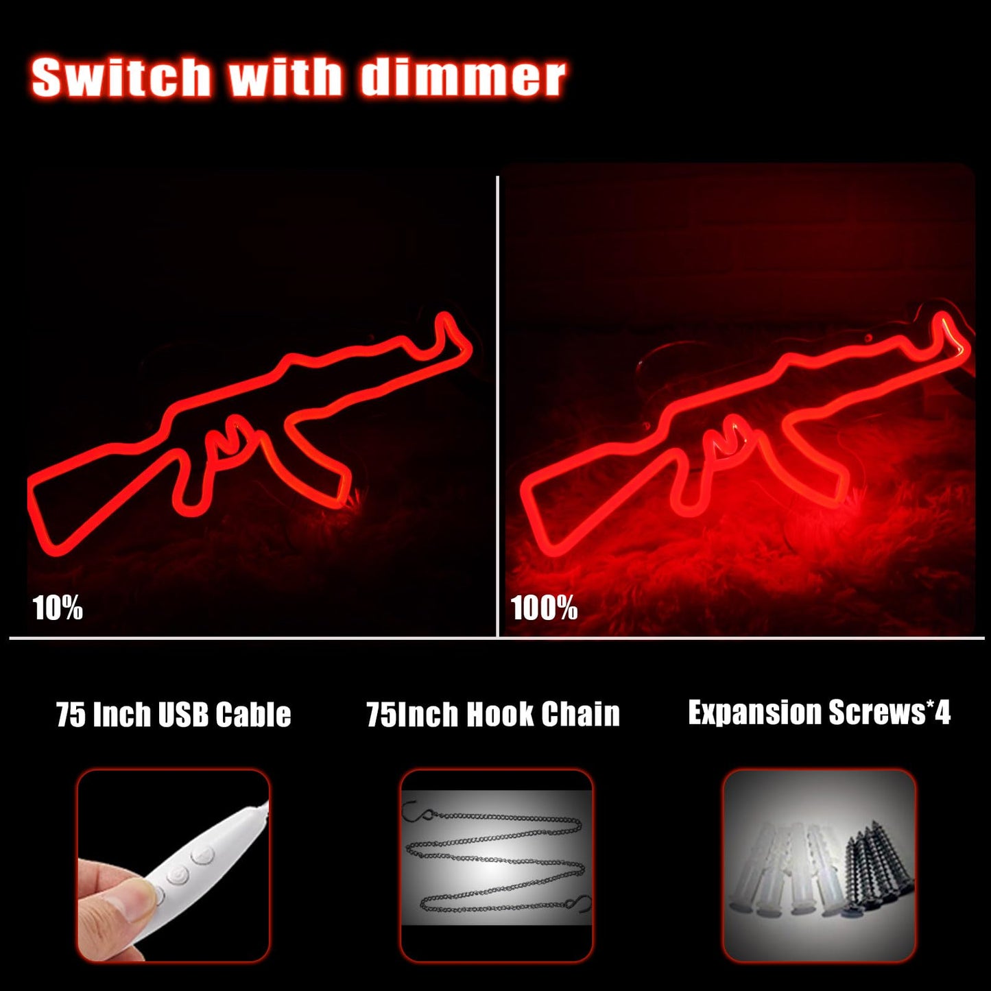 Gun Neon Sign for Wall Decor AK 47 Sign LED Light Up Sign for Gun Room Accessories Man Cave Lamp Wall Art Gift 16.5"×6.3"