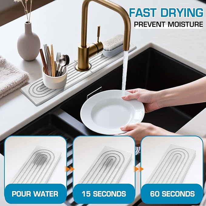 White Diatomite Faucet Mat, Fast-Drying Stone Sink Tray&Splash Guard