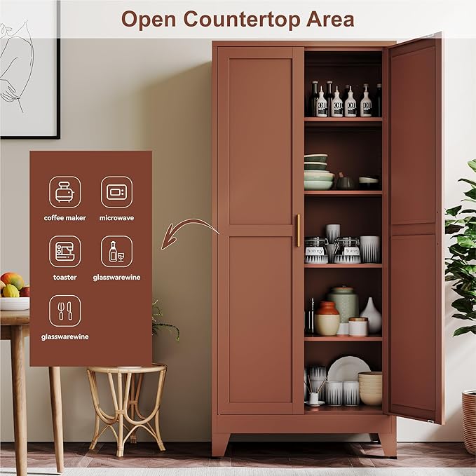 YAUWOH 71''Metal Cabinet with 4 Adjustable Shelves, 5-Tier Pantry Storage