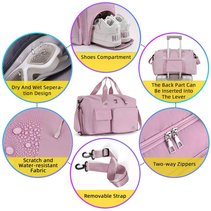 FIORETTO Women's Gym Duffle Bag with Shoes Compartment, 30L Capacity, Ideal for Travel, Gym, Sports, Duffel, Weekender, Pink
